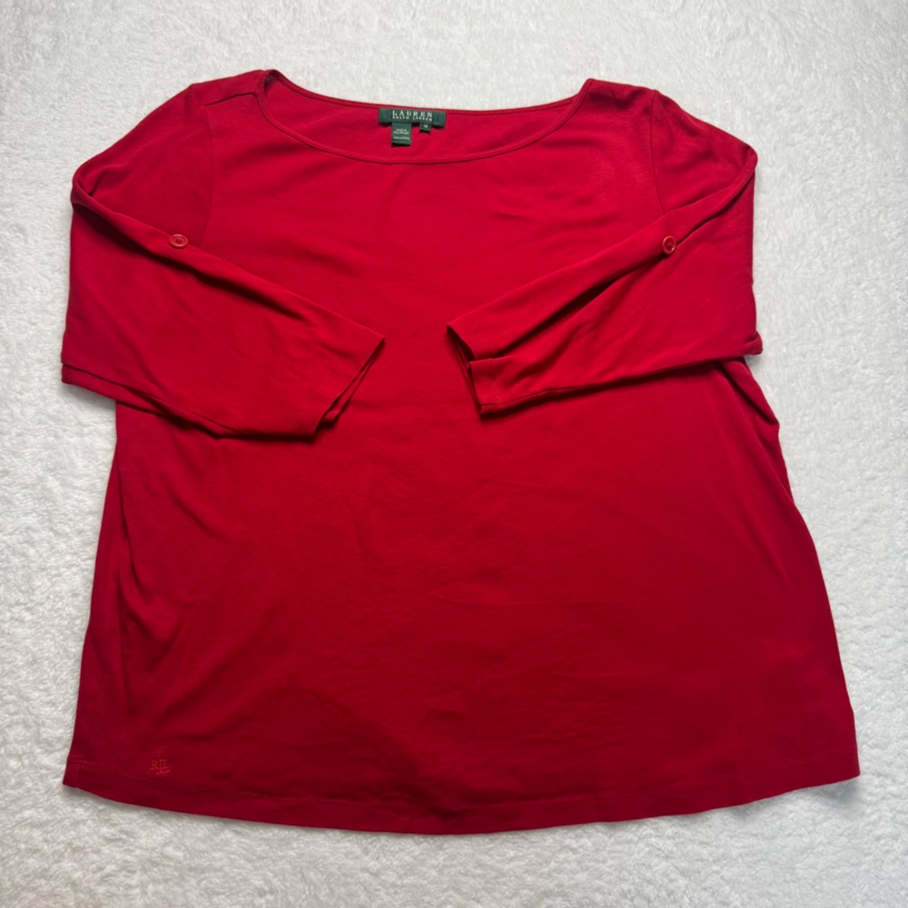 Lauren Ralph Lauren Women’s‎ 1x Red Blouse Button Detail On Sleeve 100% Cotton